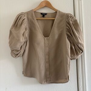Express Linen Blend Puff Sleeve Button Front Blouse Beige Size Small